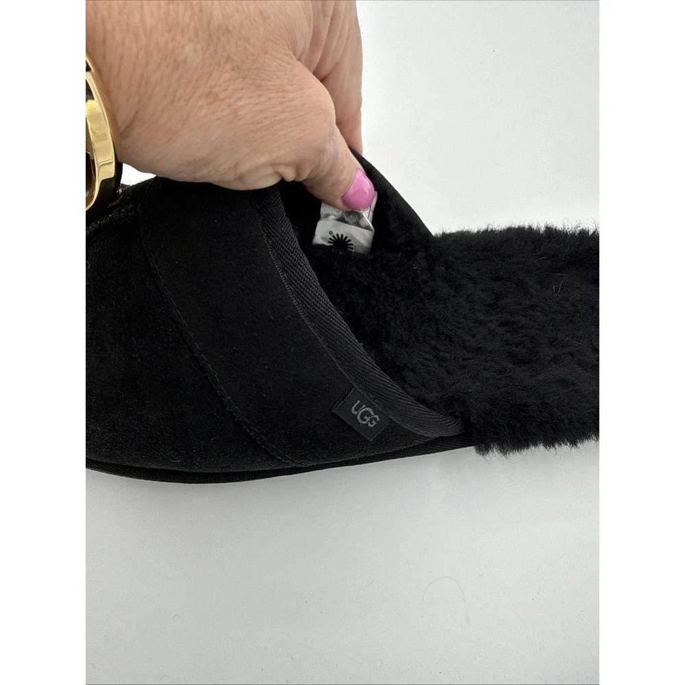 UGG Mens Size 10 USA Black Suede Slippers/Slides/Scuffs Sheepskin Insole  Cozy